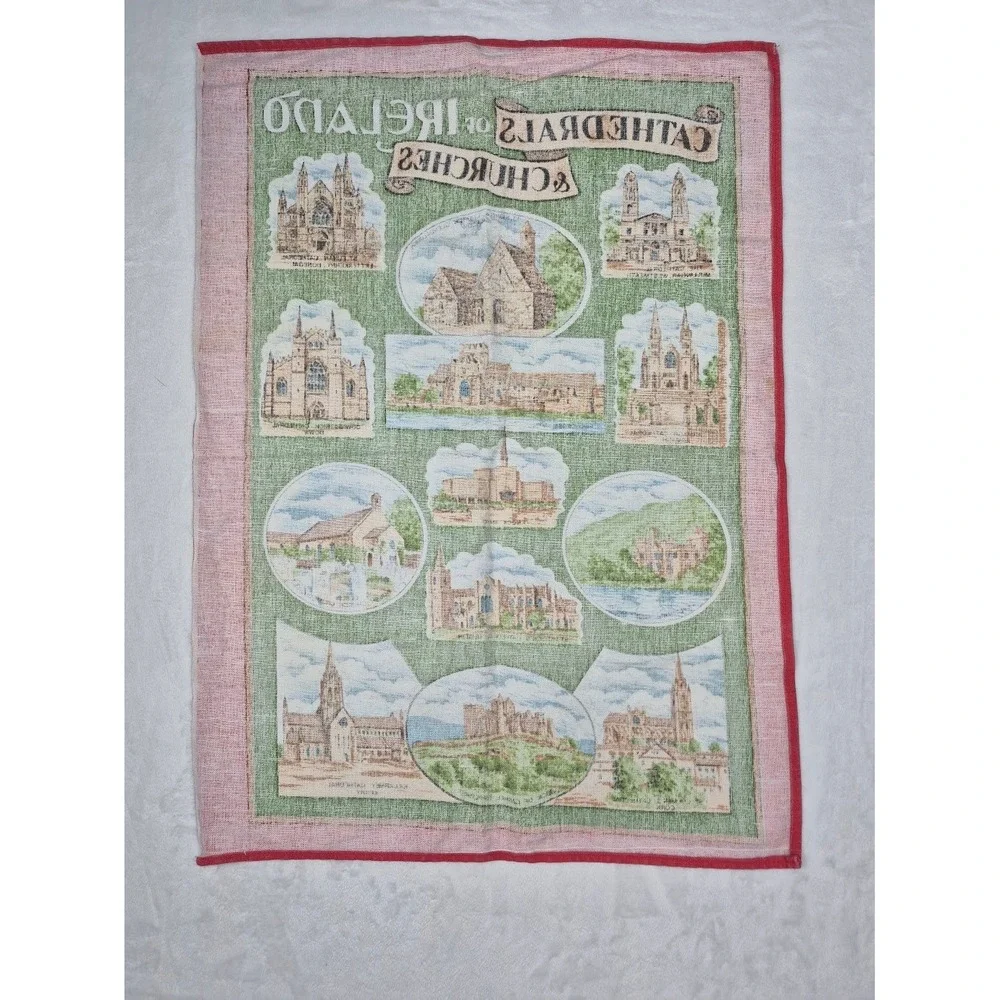 Cathedrals of Ireland & Churches Tea Towel Green Red Border Cotton